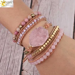 Pulseira de pedra rosa de csja de miçangas com pulseiras de couro rosa de quartzo rosa para mulheres jóias de cristal jóias de jóias de bohemia 5 strand s308 yq240226