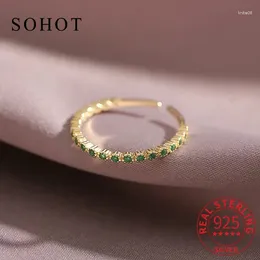 Cluster Rings Real 925 Sterling Silver Korea Emerald Zircon Round For Women Trendy Light Luxury Fine Jewelry Adjustable Accessories