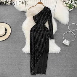 Casual Kleider OCEANLOVE Perlen Abend Party Für Frauen Einzelne Schulter Vintage Vestidos Mujer Herbst Winter Elegante Lange Kleid