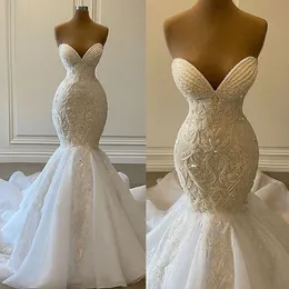 Charmante Brautkleider, trägerlos, Meerjungfrau-Hochzeitskleid, Applikationen, Spitze, nach Maß, Kristall-Brautkleider, Vestido de Novia