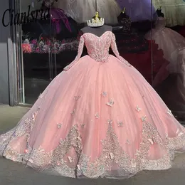 Роскошные Vestidos De XV Anos 2024 Розовые платья Quinceanera с цветочной аппликацией и длинными рукавами Sweet 16 Пром платья