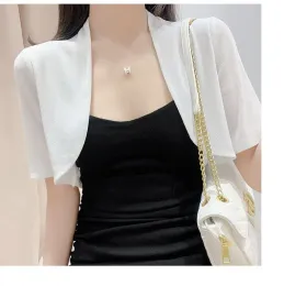 Cardigans 2023 New Women Wrap Jacket Short Sleeve Sheer Soft Chiffon Bolero Shrug Open Front Jacket Cardigan for Party Coat Ice Silk Tops