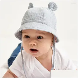 Berretti Cappelli Cappello da sole per orecchie da bambino Cappello in cotone traspirante Cappello Panama Secchio estivo Tinta unita 3-12M Prevenire con corda per cravatta Consegna a goccia Bambini M Dh4O9