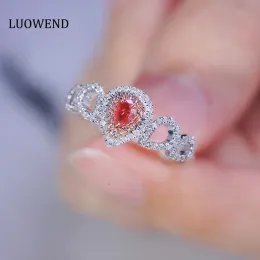 Anéis Luowend 18k anéis de ouro branco brilhante design mínimo real natural rosa diamante anel de noivado para mulheres casamento ins estilo jóias
