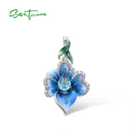 Kolyeler Santuzza Sier Kolye Kadınlar için Pure Sterling Sier Zarif Mavi Orkide Çiçek Kolye Güzel Takı El Yapımı Emaye