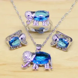 Ringar Elephant Blue Zircon White Crystal 925 Sterling Silver Smyckesuppsättningar för kvinnor Partyörhängen/Pendant/halsband/ringar T157