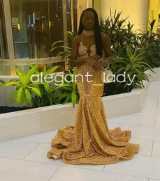 Long Gold Sparkly Prom Dresses 2024 여성 고급 Crystal Diamond Velvet Black Girl Mermaid Evening Party Gala Gowns