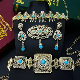 Sunspicems Gold Color Morocco Jewelry Sets Caftan Weist Belt Brooch Long Drop repring Women Hair -Hair -Bork Chain Set 240220