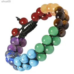 Beaded Natural Crystal Stone Beads Braided Bracelets Healing 7 Chakra Double Layers Bracelet For Men Women Adjustable Jewelry YQ240226