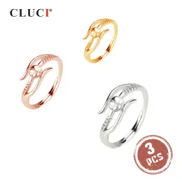 Anéis CLUCI 3pcs Prata 925 Anel Ajustável Zircão Mulheres Anéis 925 Prata Esterlina Rosa Cor de Ouro Anel Aberto Mulheres Jóias SR2068SB