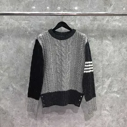 TB Thom Men's Sweater Winter Fashion Märke Rockar Patchwork Wool Mohair Knit Tweed Aran Cable Stripe Pullover Neck TB Sweaters