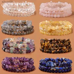 Beaded 3Pcs/Set Natural Stone Bracelets Tiger Eye Lapis Lazuli Rose Quartzs Bracelet Round Irregular Beads Bracelet for Women Men YQ240226