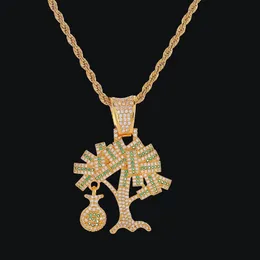 US Dollar Money Tree Pendant Necklace With Steel Rope Chain Gold Color Cubic Zircon Men's Hip hop Jewelry275x