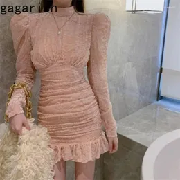 Sukienki swobodne Gagarich Koreańska moda 2024 Słodki temperament puff rękawy Fishtail Spring Autumn Slim Pink Hip Bodycon Lady Vestidos