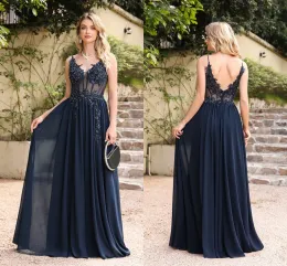 babynice666 Sexy Backless Evening Dresses Dark Navy Chiffon Appliques A Line Sheer V Neck Long Party Prom Gowns CPS3038