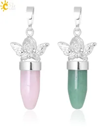 CSJA Anjo Religioso Colar de Pedra Natural Pingente Rosa Quartzo Olho de Tigre Pingentes com Cristal Rock Joias Cor Prata Atacado4251160