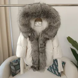 Fur MENINA BONITA New Real Fox Fur Collar Hooded Winter Jacket Women Natural Warm Loose Oversize Duck Down Coat Streetwear Outerwear