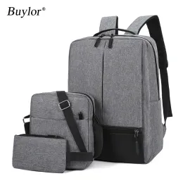 배낭 Buylor Business Men 's Backpack Leisure Multifunction USB 충전 노트북 가방 대용량 옥스포드 3 피스 여행 백팩 세트
