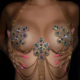 Stonefans färgglada strass blomma bröstfästet topp för kvinnor festival underkläder sexig tofs bh kedja halsband bikini smycken 240221