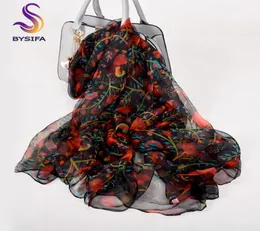 BYSIFA Ladies Red Black Silk Scarf Shawl New Floral Design Spring Fall Long Scarves 170105cm Elegant Thin Neck Scarves Y2010072702076