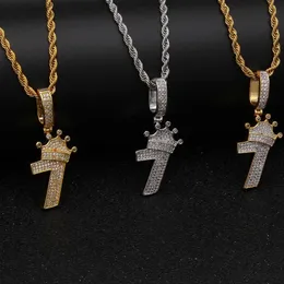 التاج اللامع رقم 7 سحر قلادة قلادة مع سلسلة حبل مثلج Zircon Hiphop Jewelry221b