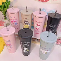 2024 New Cartoon Pattern Straw Cup 304 Stainless Steel Creative Large Capacity Double Layer Vacuum Ice Cream Cup Cold Preservation Cup