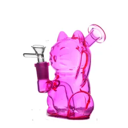 2pcs Pink Cute Cat Glass Oil Burner Bong Hookah 14mm Female Joint 3D Design Dab Rig Bong Perc Recycler Ashcatcher Bong with Tobacco Bowl and Male Glass Oil Burner Pipe