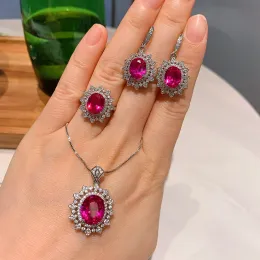 Ringe Trend 2023 Vintage Rubin Edelstein Ringe Ohrringe Anhänger Halskette Set Frauen Hochzeit Cocktail Party Feiner Schmuck Jubiläumsgeschenk