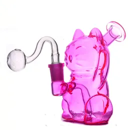 Hookahs Glass Oil Burner Bong Pink Cute Cat Dab Rigs Downstem Perc 3D Recycler Ashcatcher Bong with 14mm Joint Bowl and Male Oil Burner Pipe