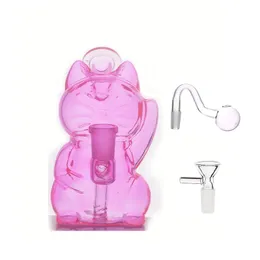 Wholesale Pink Glass Oil Burner Bong Hookah 14mm Joint Thick Cute Cat-shaped Bubble Smoking Pipe Water Bong with Male Glass Oil Burner Pipe Dhl Free