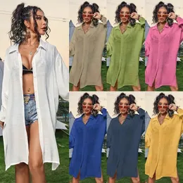 Mulheres Swimwear Mais de 2024 Bambu Pure Color Beach Blusa Sexy Bikini Hood Cardigan Camisa Tipo Coreano Moda Vestido Kaftan Feminino Nadar