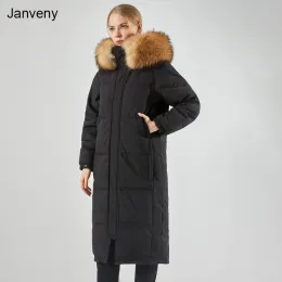 コートjanveny 2023冬のリアルラクーンキツネフードフードパフフェザーダウンコート贅沢な女性xlong 90％ダックダウンジャケット女性パーカー