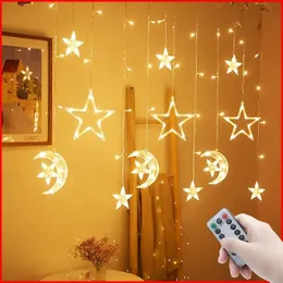 Star Moon LED Curtain Garland String Light Eid Mubarak Ramadan Decoration for Christmas Home Islam Muslim Event Party Decor 240220