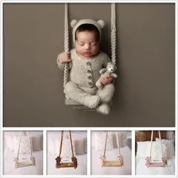 born Pography Prop Wooden Swing Vintage Posing Macrame Boho Children Shootsession Fotografia Bebe Accessories 240220