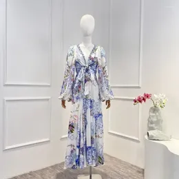 Casual Dresses Flowers Print Cut Out Knot Front Long Sleeve Midi Dress Light Blue Women High Quality 2024 Elegant Clothing