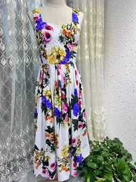 Vestido de praia de férias de verão 100% algodão estampa floral alça espaguete high street midi vestidos traseiros elásticos