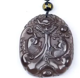 Real Clear Ice Natural Obsidian Carved Fish Dragon Lucky Charm Pendants Necklace Fashion Women039s Jewelry6588758
