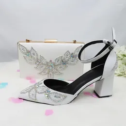 Sandals 2024 Women White Wedding Shoes Summer Ladies Party Pumps And Bag Crystal Pointed Toe Ankle Strap Dress Handbag