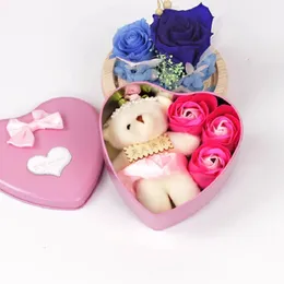 3pcs/set Scented Soap Rose Flowers With 1 Cute Bear Perfumed Iron Box Valentiners Wedding Party Decoration Gifts Bath Body Soaps