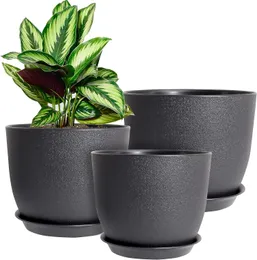 식물 냄비 10/9/8 인치, 배수 구멍과 집 식물을위한 접시를 가진 3 개의 현대식 플라스틱 파종기 세트 실내 꽃 식물, 검은 색
