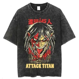 Herren T-Shirts Anime Attack on Titan Acid Wash T-Shirt Schwarz Grafik Sommer Hip Hop Übergroße Tops 100 Baumwolle Manga Vintage T-Shirts für Mann 61