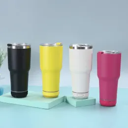 30oz Musikhögtalare Tumbler med sugrör lockar dubbla väggar rostfritt stål kaffekopp som dricker muggar med vattentät trådlös Bluetooth -högtalare avtagbar LED -ljus