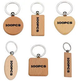 Chains 100pcs Blank Wooden Keychain DIY Wood Car Keyring Bulk Wholesale for Laser Engraving Customized Gift DIY Handmade Accessories