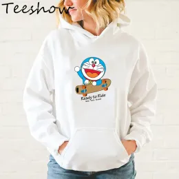 Sweatshirts redo att rida hoodies kvinnors överdimensionerade trycktecknade Doraemon Sweatshirt Kawaii Hoody Fleece Anime Hoodie Winter Womens kläder