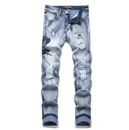 Herr jeans män designer orm broderi hål rippade blå stretch denim märke byxor smala avsmalnande byxor