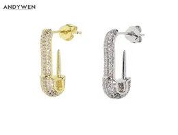 Andywen 925 Sterling Silver 2タイプゴールドシングルイヤーセーフティピンイヤリングオープンドロップイヤリング女性ステートメントクリスタルジュエリー2106246881433