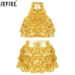 Set di abbigliamento Bambina per bambini Senza maniche Paillettes lucide Top corto a strati con gonna Completi Set Costume moderno per spettacoli teatrali di danza jazz latina