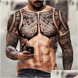 Homens camisetas Mens camisetas 3D Imprimir Muscle Tattoo Padrão Homens Y T-shirt Slim Manga Curta Redondo Pescoço Tee Tops Verão Moda Engraçado M Dh5Sn