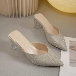 Slippers Pointed Toe Bling Mules For Women Summer Sequins Clear Heels Slides Woman High Heeled Sandals Female