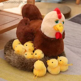 دمى Plush New Kawaii Chicken Family Toy Toy Chicken Mom Chicken Baby Plush Simulated Hen and Nest Toining Animal Childrens Gift Q240227